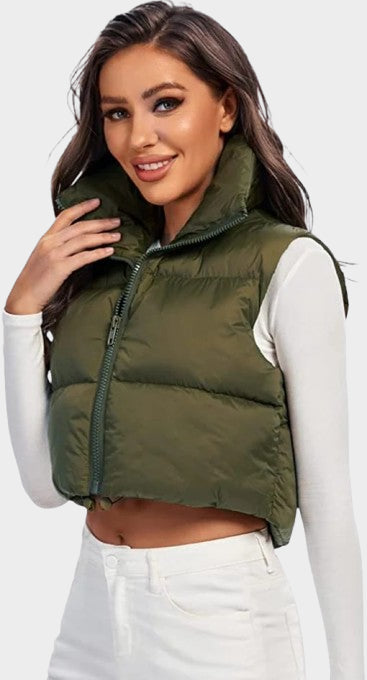 I SAW IT FIRST CROP SHORT ZIP NECK PUFFER GILET OLIVE GREEN
